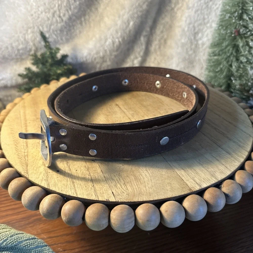 Vintage Calvin Klein Men's 42/44 Brown Silver Studded Genuine Leather Belt